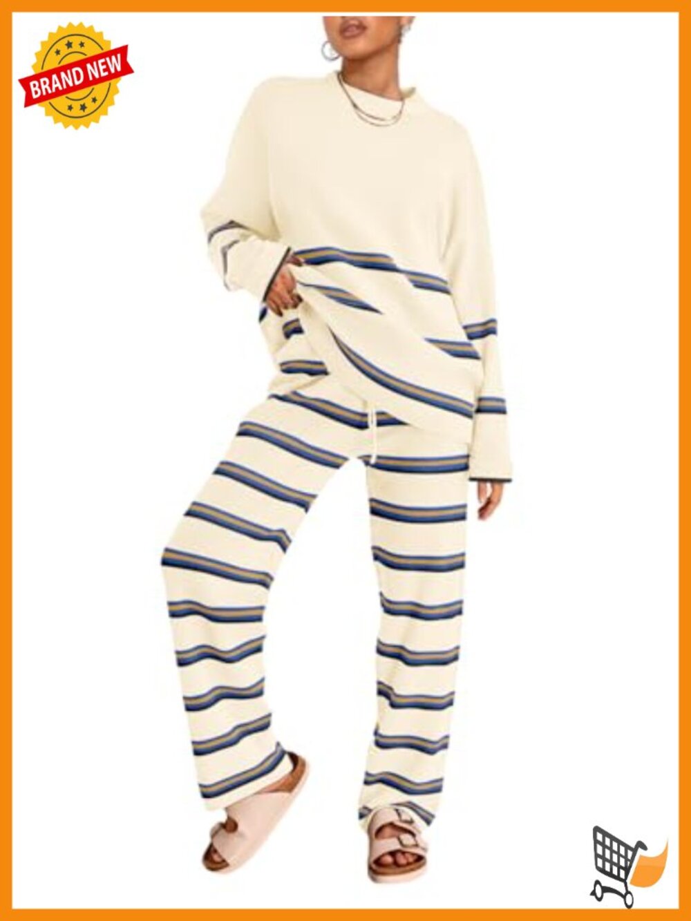 Women's 2 Piece Striped Sweater Lounge Set Batwing Sleeve Wide Leg Pants